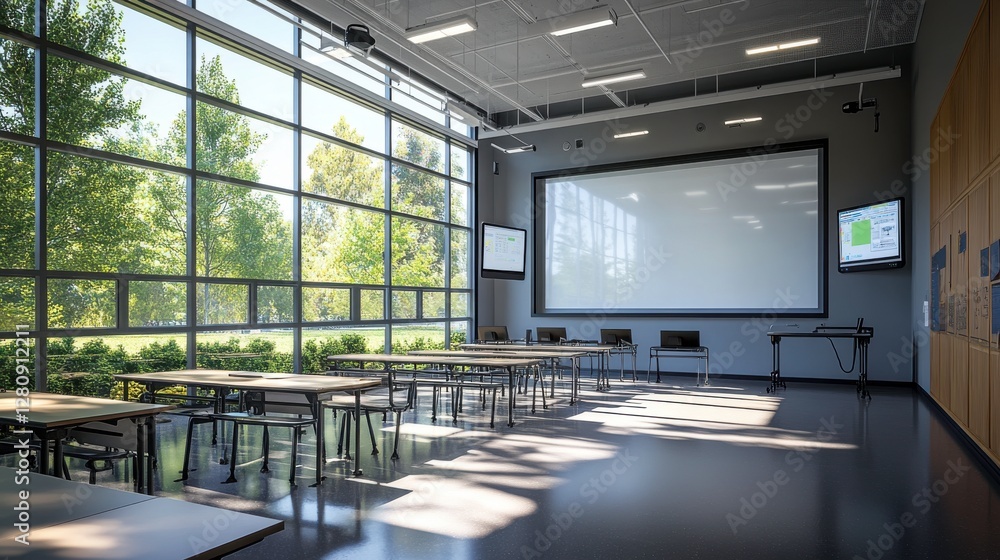 Poster a spacious, modern classroom featuring large windows, ample natural light, and multiple tables set u