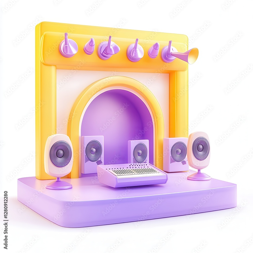 Aufkleber a colorful 3d rendering of a retro music setup featuring a keyboard and speakers in vibrant shades o