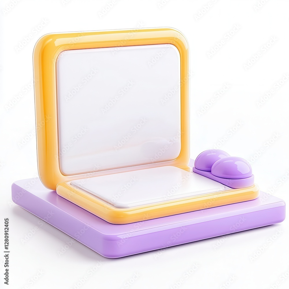 Poster a colorful 3d model of a modern laptop design with soft curves and rounded shapes in hues of purple 