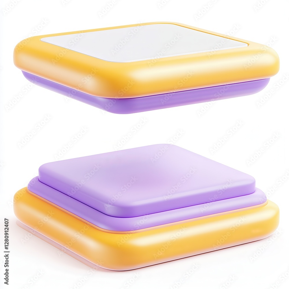 Poster a 3d render of two colorful square containers, one resting on top of the other, featuring a yellow a