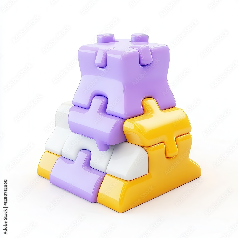 Poster a colorful stack of interlocking puzzle pieces in purple, white, and yellow arranged in a playful st