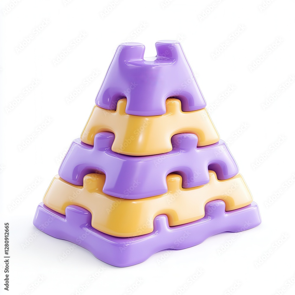 Poster a colorful pyramid toy made of interlocking blocks in purple and yellow, designed for stacking and p