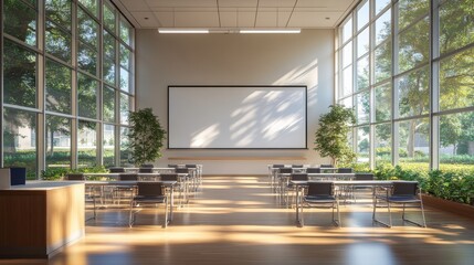 A modern classroom with large windows, ample natural light, and minimalistic furniture, creating a bright and inviting learning environment.