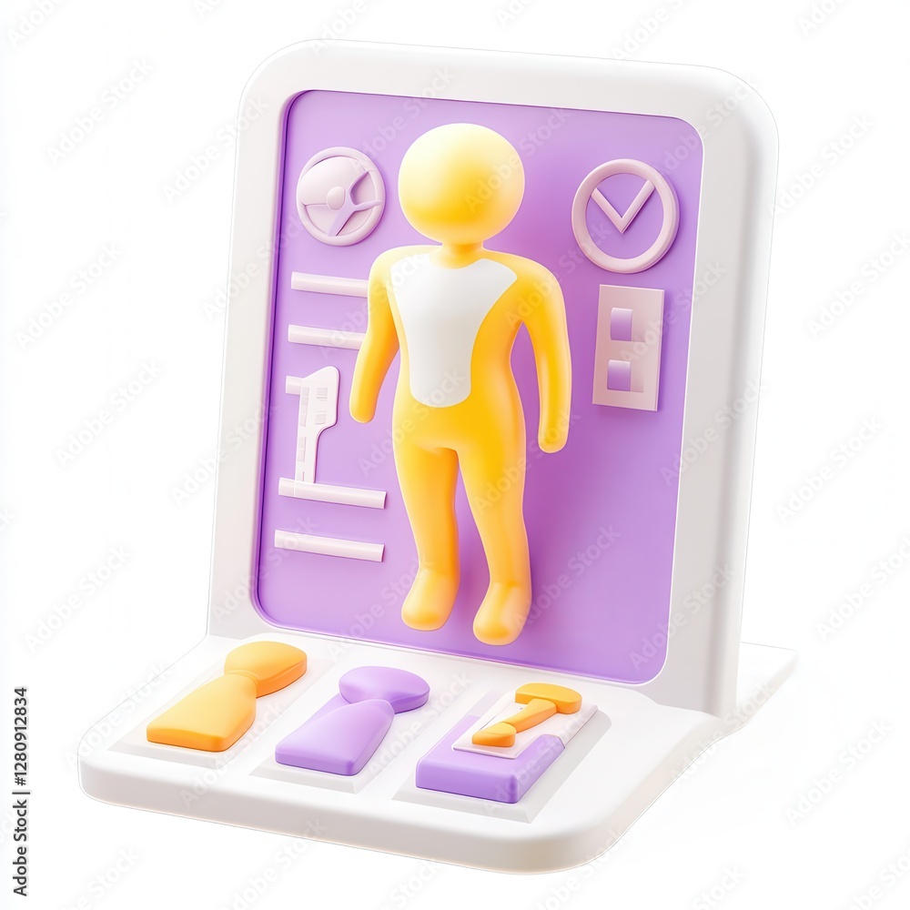 Poster a colorful 3d model depicting a stylized human figure with various icons and shapes in a playful des