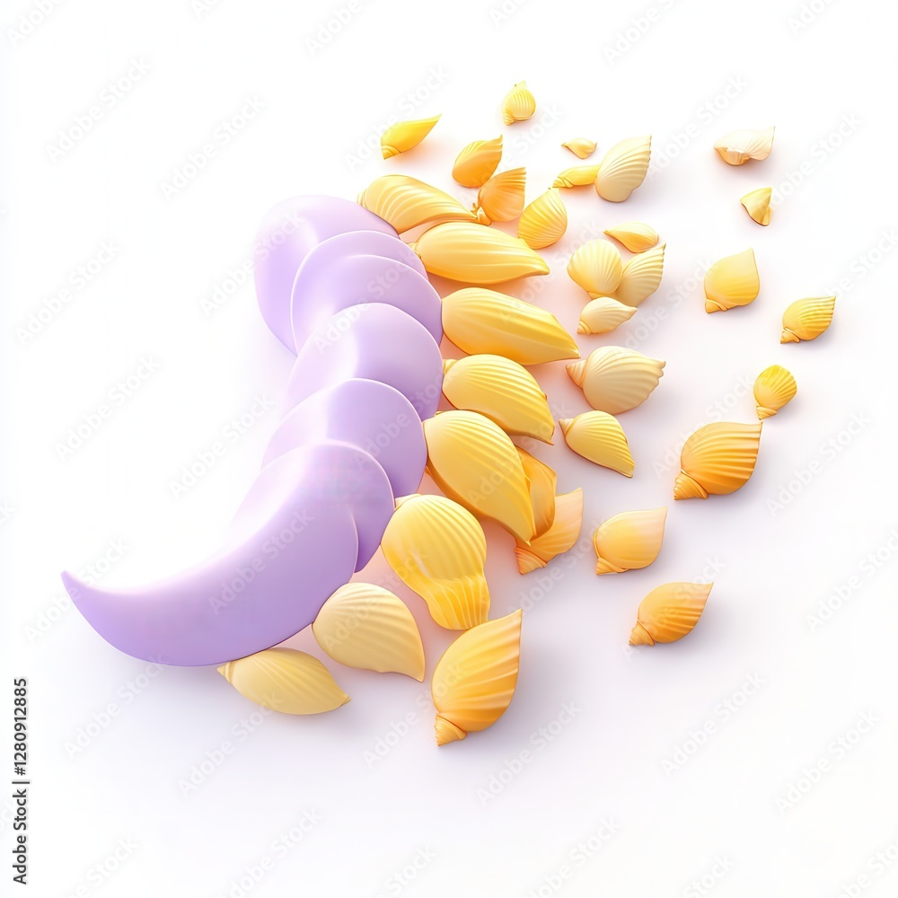 Poster a colorful arrangement of abstract shell-like shapes in purple and yellow on a white background, cre