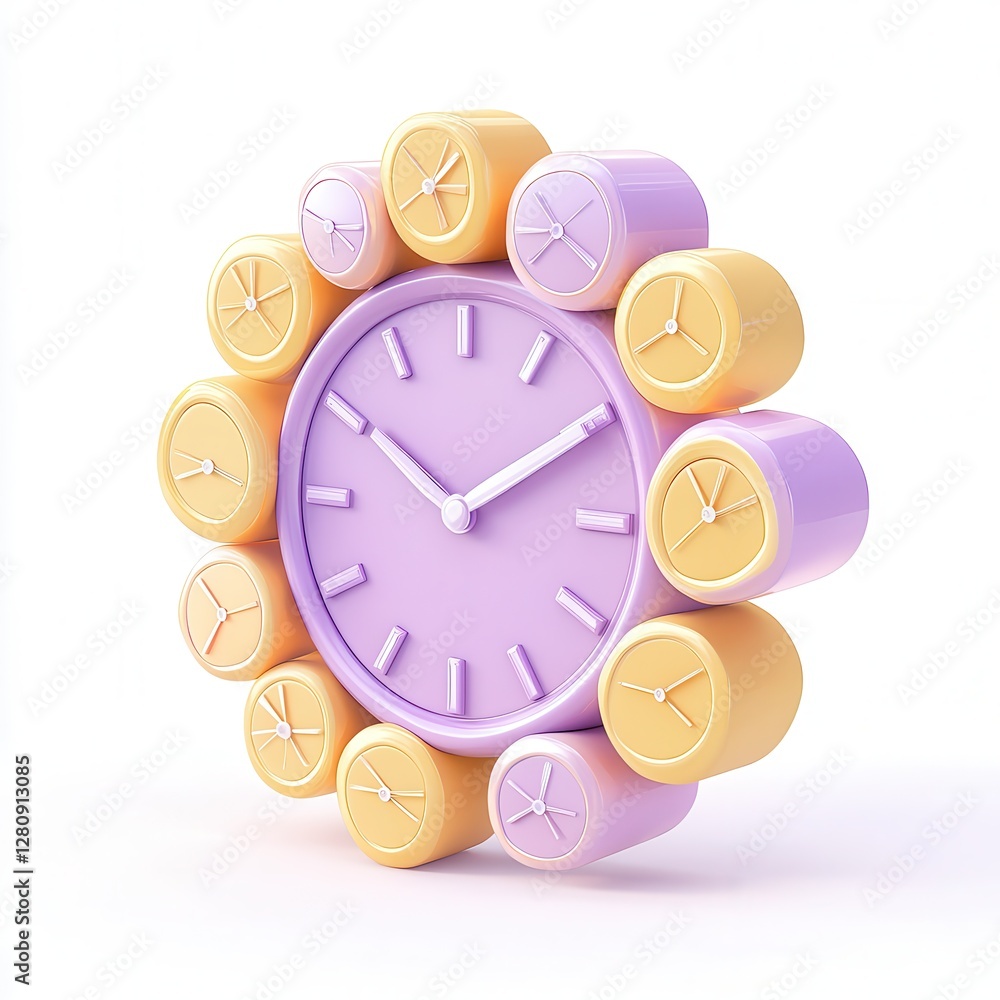 Aufkleber a colorful clock design with a circular arrangement of smaller clocks in pastel colors around a cent