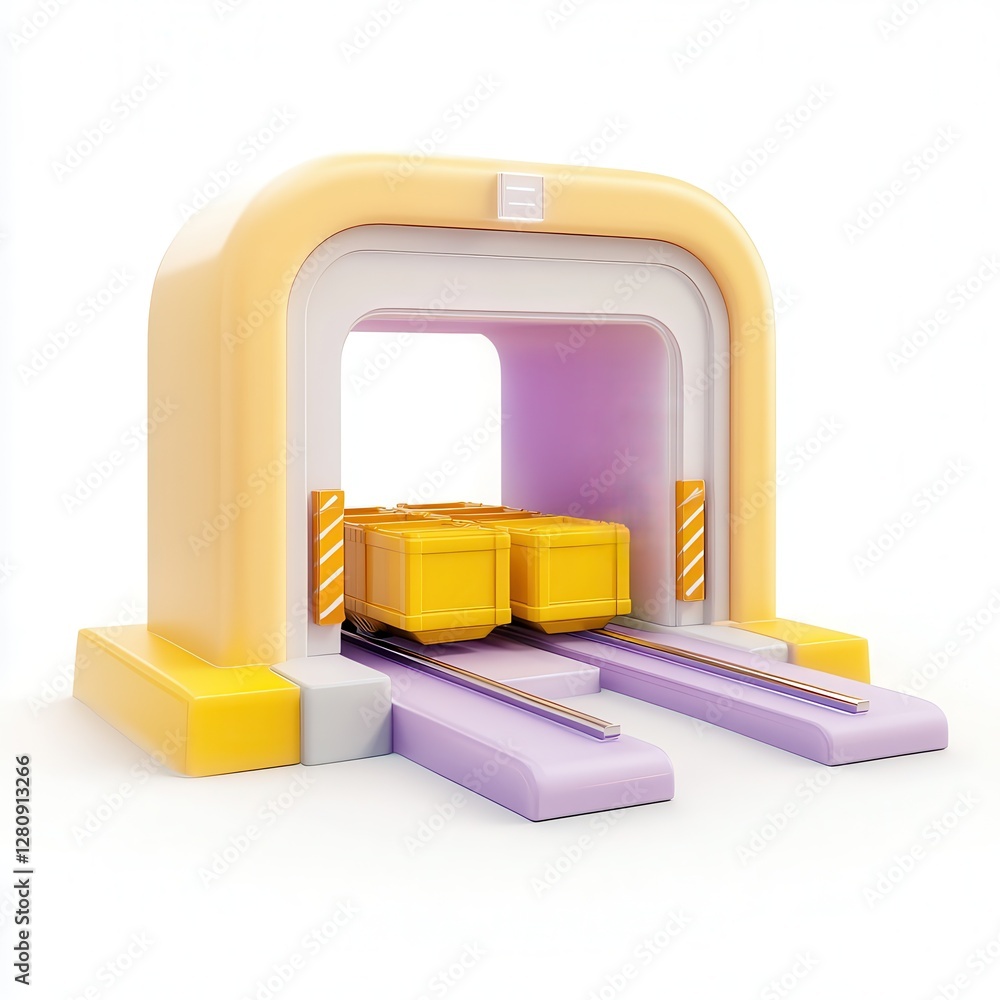 Poster a stylized, colorful loading dock or transportation hub with two boxes inside.