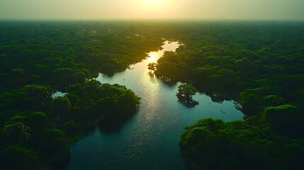 Aerial Sunrise Over Rainforest River