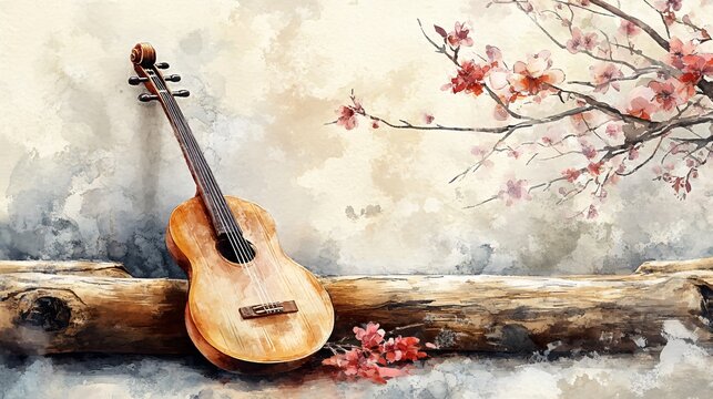 Watercolor Painting of a Traditional Stringed Musical Instrument