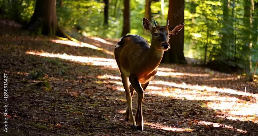 Poster Deer in forest illuminated by sunlight on a forest floor with trees and a sunny background
