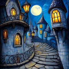 Whimsical Village Street at Night Under a Full Moon