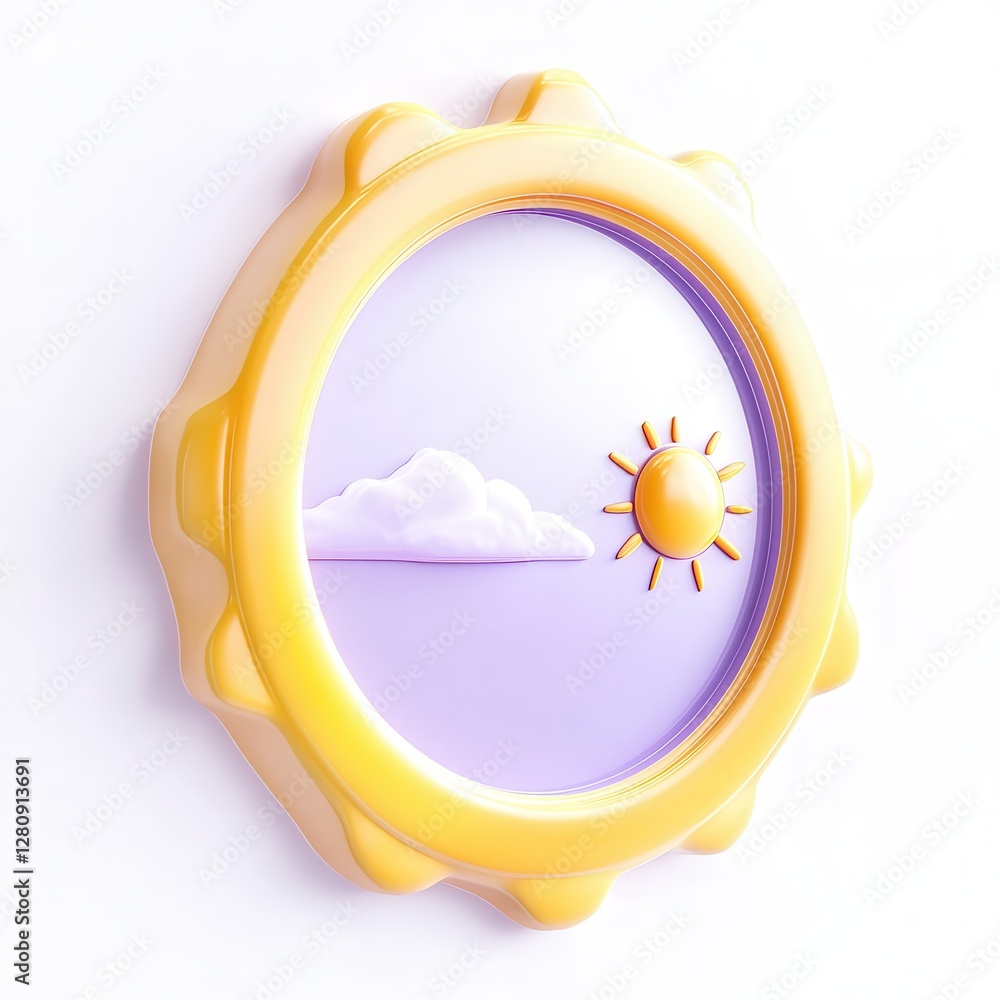 Aufkleber a sunny icon featuring a sun and clouds inside a circular frame with a yellow border, designed in a 