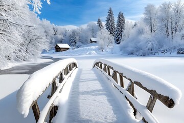 Winter Scene with Snow Covered Wooden Bridge Cabin and Trees under Blue Sky
