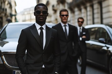 Fototapeta premium Three Adidas security men in black suits and sunglasses standing guard near luxury cars on the street, Generative AI