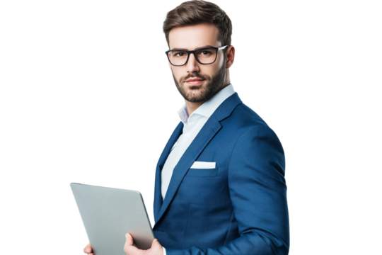 A young businessman in glasses is holding and looking at the laptop screen, standing sideways on a transparent background PNG.