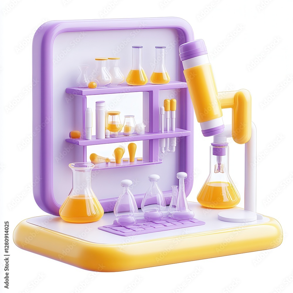 Poster a colorful 3d rendering of a laboratory setup with various beakers and a microscope, showcasing an e