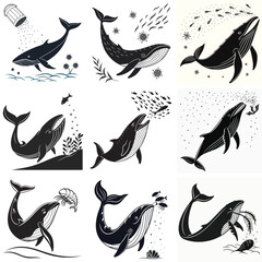 Whale Silhouette Illustrations: Black & White Vector Graphics of Whales Feeding on Fish, Krill, & Plankton in a Minimalist Style