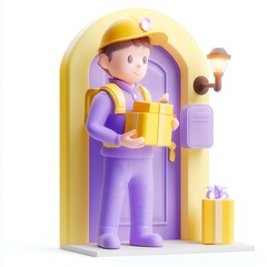 A 3D character stands at a door holding two gift boxes, wearing a miner's helmet and backpack in a colorful render.