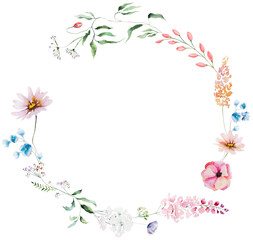 Round frame made of watercolor wild flowers and leaves, wedding isolated illustration