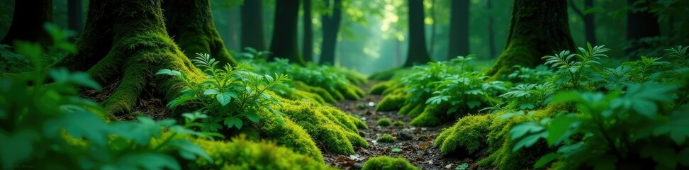 A dark green forest floor covered in ferns and moss, nature, ferns, dark grass wallpaper