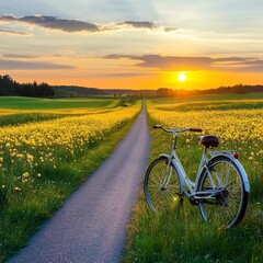 Obraz premium White Bicycle Parked on Grassy Field Path with Dandelions During a Sunset