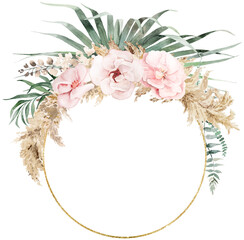Frame with green watercolor tropical leaves and pink flowers, Boho Wedding isolated illustration