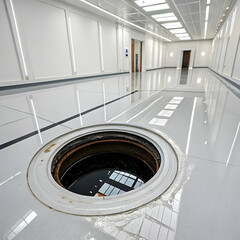 Fototapeta premium A first-person perspective shot inside a futuristic, all-white minimalistic room. The floor is glossy and reflective, enhancing the clean, high-tech aesthetic. In the center of the room