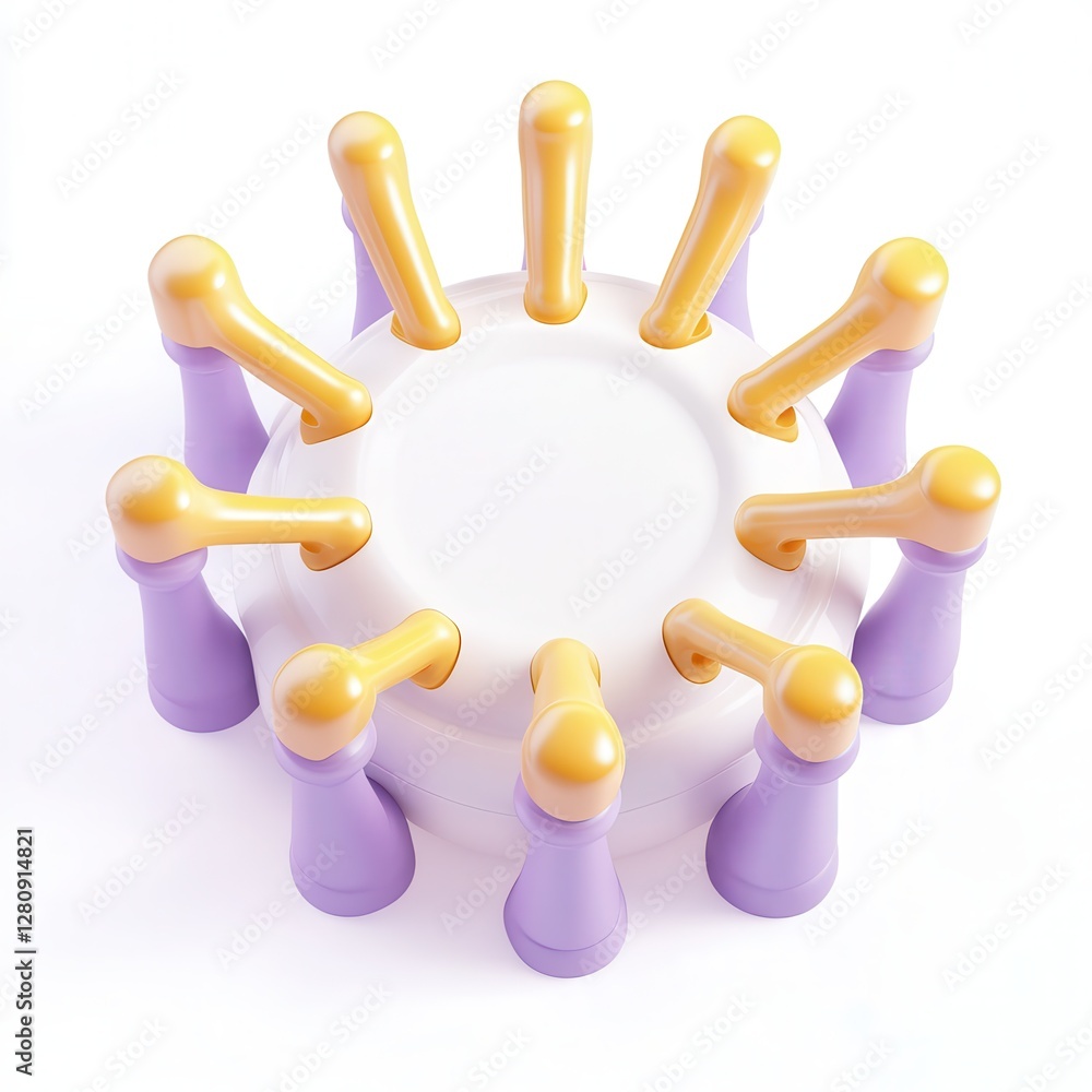Poster a circular object with multiple yellow and purple protrusions, possibly a creative toy or tool.