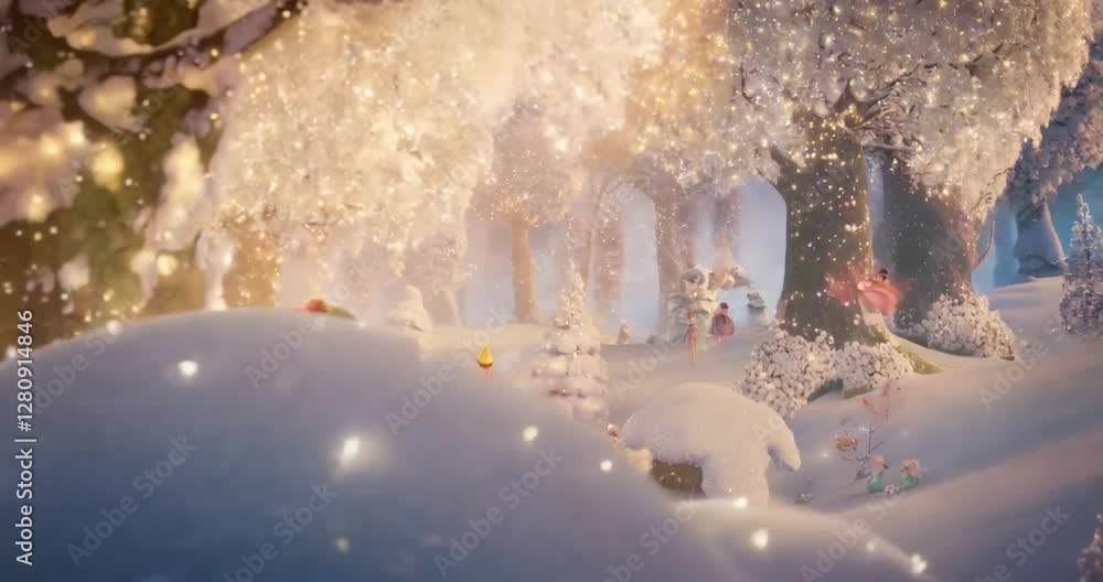 Aufkleber Magical forest with snowy trees and fairy elements and sparkling lights in a blue background with snow flakes and a winter season environment. Snowflakes are falling in a fantasy scene, with lights