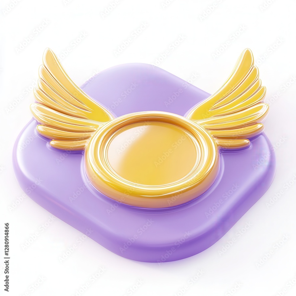 Poster a colorful 3d icon featuring wings on a purple background, designed with a shiny and smooth finish.