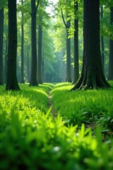 A carpet of emerald green grass beneath trees, forest floor, natural light filtering
