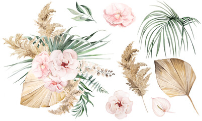 Bouquet with green watercolor tropical leaves and pink flowers, Boho Wedding isolated illustration