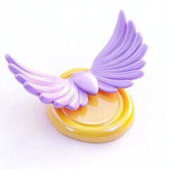 A whimsical design of a purple-winged emblem resting on a glossy yellow base, showcasing a playful and artistic aesthetic.