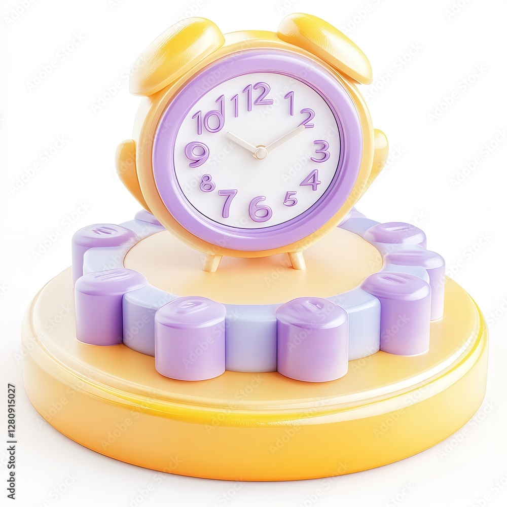 Poster a colorful 3d alarm clock design with a round base and purple accents, showcasing a playful and mode