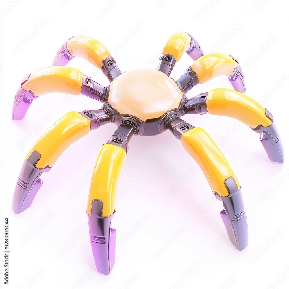 Poster a futuristic 3d model of a colorful spider-like robot with yellow and purple limbs, designed with a 