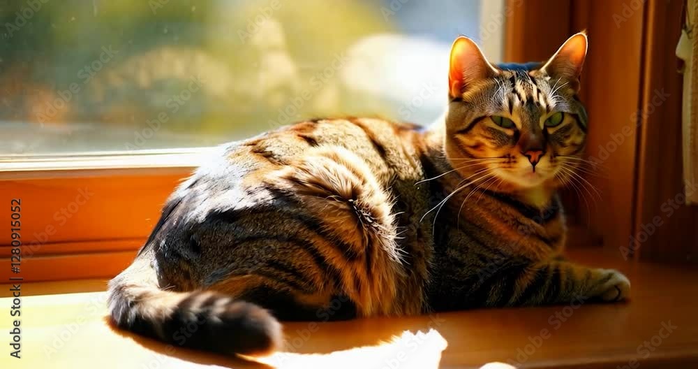 Poster close-up shot of an animal relaxing in sunlight on a windowsill. the animal is looking at the camera