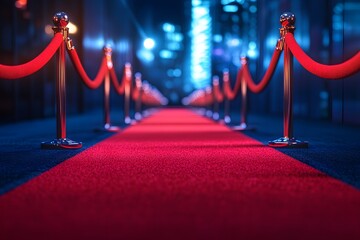 Red carpet with a blurred city background for an event, a celebrity's festive red walkway, and velvet ropes on the sides for a film premiere or award ceremony, Generative AI