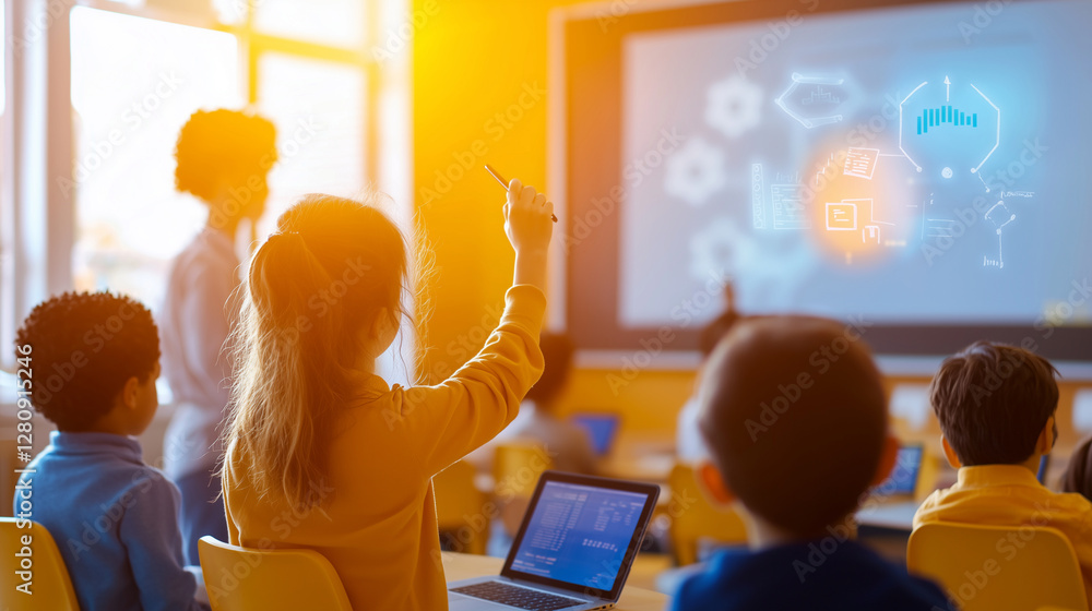 Poster modern classroom engaging students in computer science lesson
