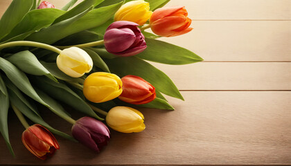 Obraz premium Colorful tulip bouquet on wooden surface