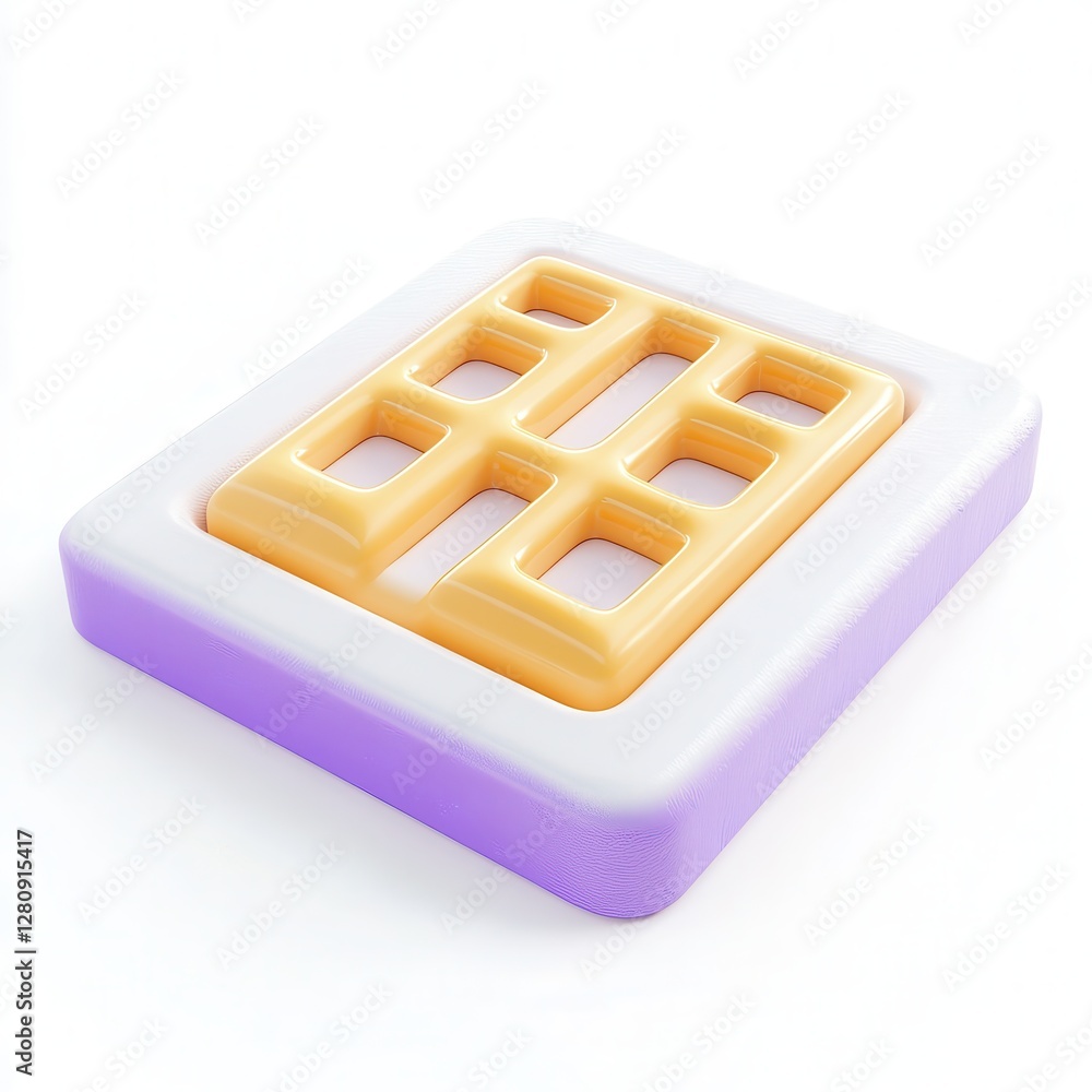 Poster a 3d render of a colorful rectangular object with various shaped cutouts on a white background.