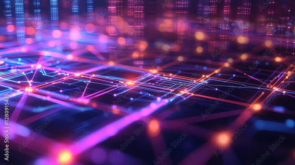 Aufkleber an abstract futuristic technology background featuring vibrant interconnected nodes, glowing circuit