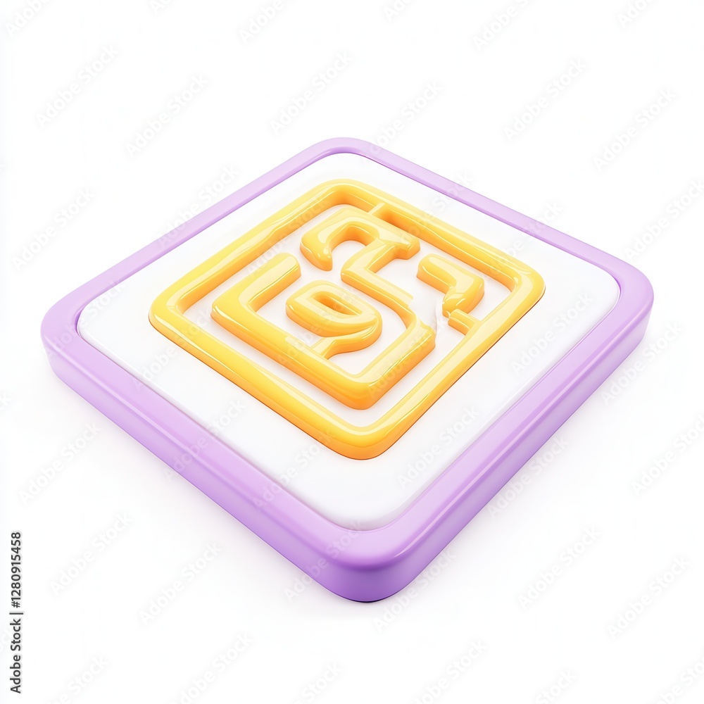 Poster a stylized 3d rendering of a geometric logo on a platform with contrasting colors and smooth edges.
