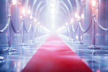 Fototapeta premium Red carpet with a blurred city background for an event, a celebrity's festive red walkway, and velvet ropes on the sides for a film premiere or award ceremony, Generative AI