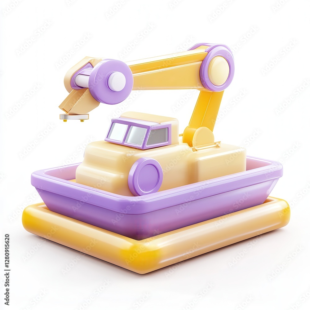 Poster a colorful 3d model of a robotic arm on a toy boat, showcasing a blend of playful design and mechani