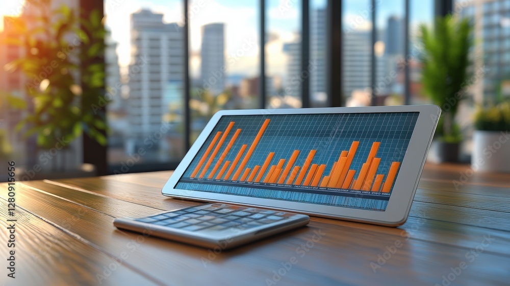 Poster modern workspace featuring a tablet displaying data analytics alongside a calculator, with a citysca