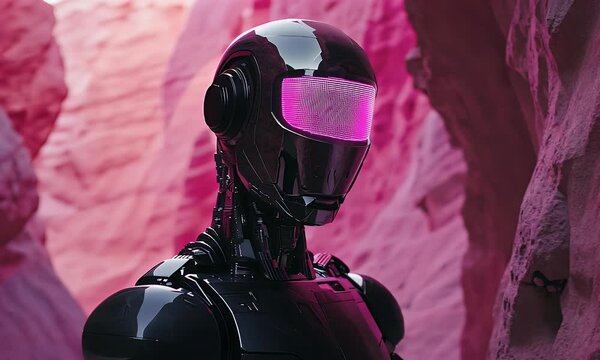 Chrome Robot in Pink Canyon, Sci-Fi Landscape