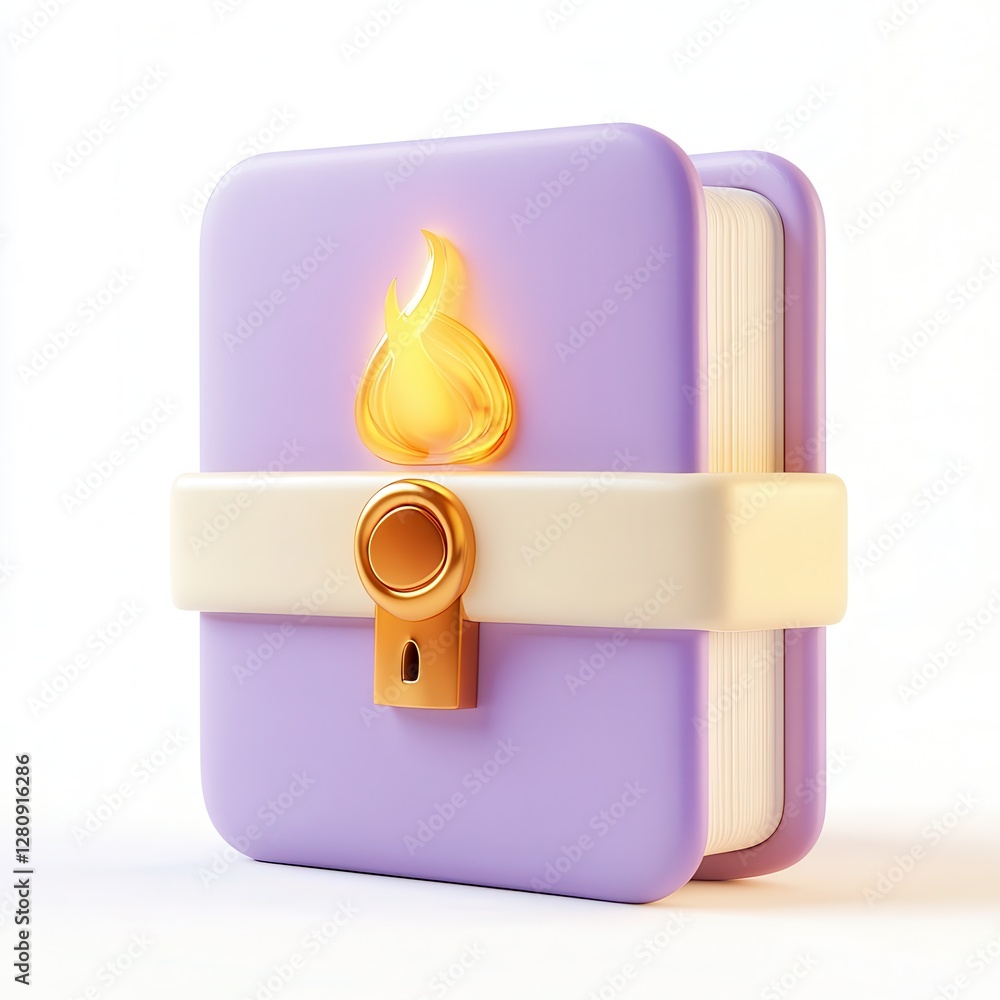 Poster a purple notebook with a flame logo and a clasp closure, designed in a 3d style.