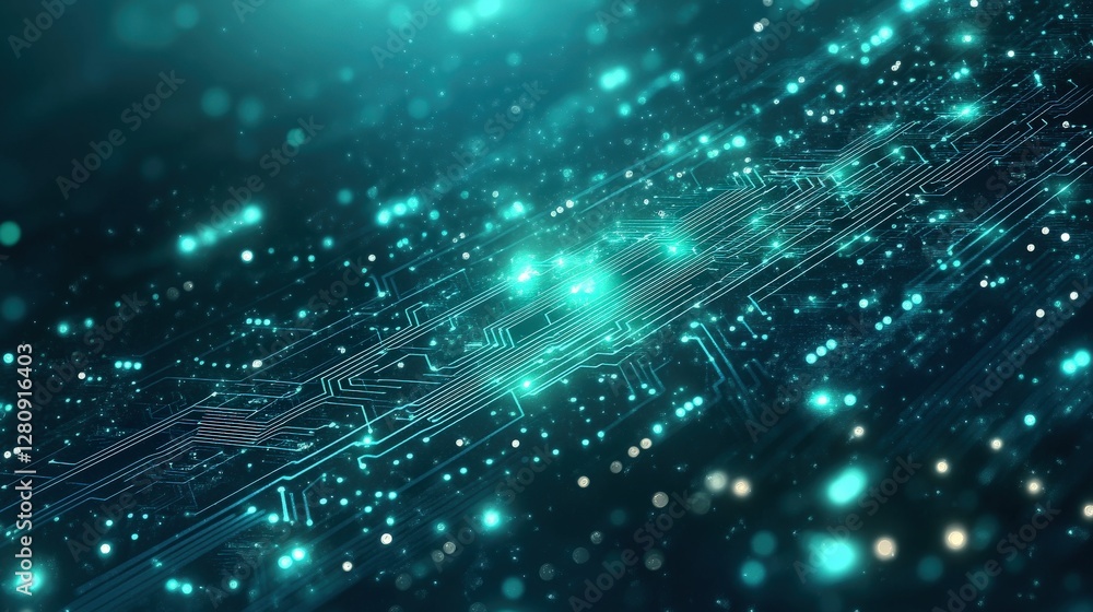 Poster abstract digital circuitry with glowing particles in a futuristic environment, showcasing technology
