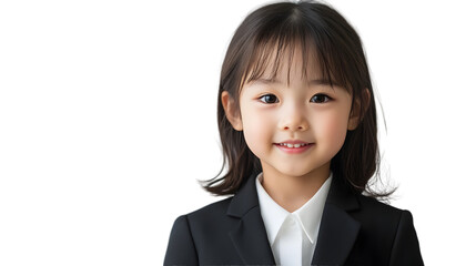 portrait of a kid female model, wearing an exquisite black suit and white shirt, mockup concept template
