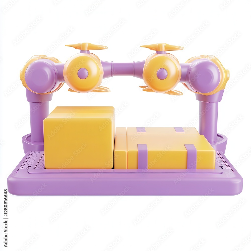 Poster a colorful robotic arm setup with two orange propellers, handling yellow and purple boxes on a flat 
